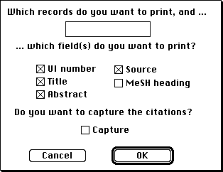 Figure 2, the Print dialog box. Click the Print button (or press command-P), enter the record numbers you want to print, choose the fields you want printed, and click OK.